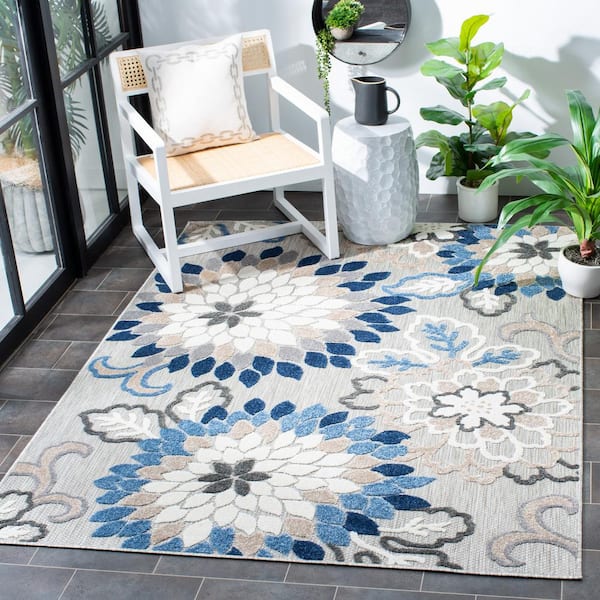 Cabana Gray/Blue 7 ft. x 9 ft. Floral Abstract Indoor/Outdoor Area Rug