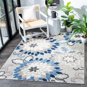 Cabana Gray/Blue 7 ft. x 7 ft. Floral Abstract Indoor/Outdoor Patio  Square Area Rug