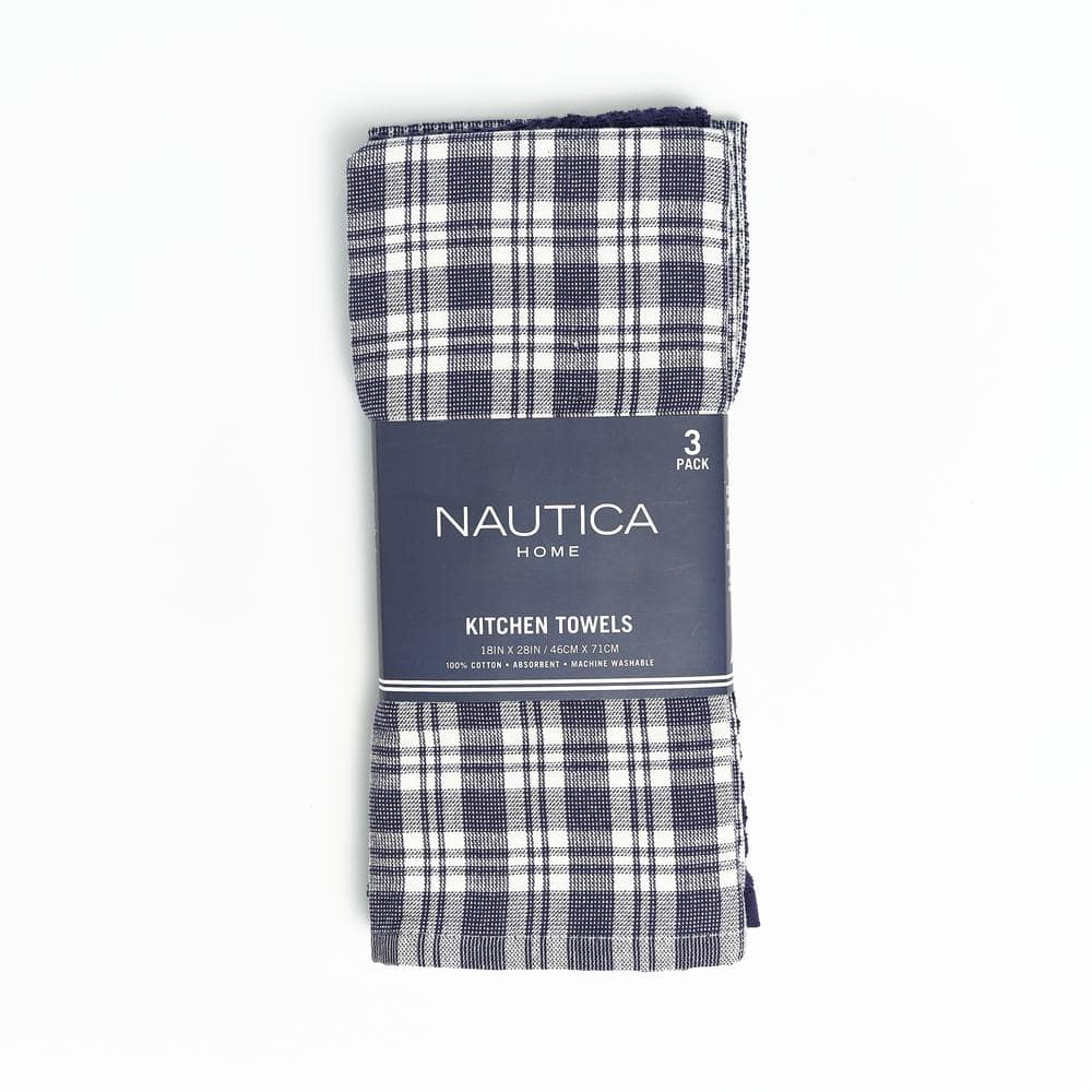 Navy and White Plaid Cotton Kitchen Towels Set of 3