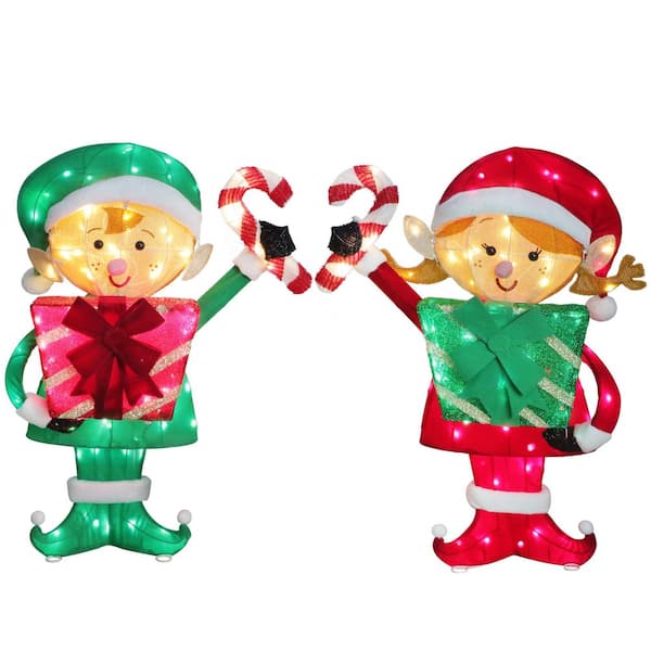 Set of 2 Elf Couple with Gift Boxes and Candy Cane with 264 Multi-Color LED Lights