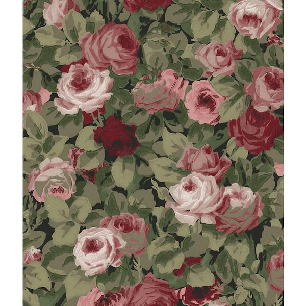 30.75 sq. ft. Garnet and Basil Rose Garden Vinyl Peel and Stick Wallpaper Roll