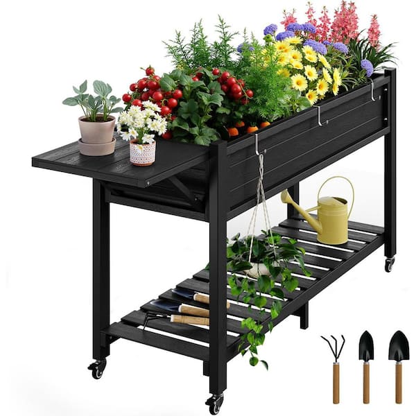 57 in. x 18 in. x 30 in. Black HIPS Raised Garden Bed with Storage Shelf and Wheels