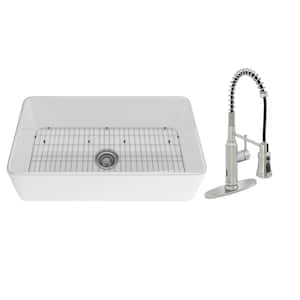 Fireclay 33 in. Single Bowl Farmhouse Apron Kitchen Sink with Pull Down Kitchen Faucet and Accessories