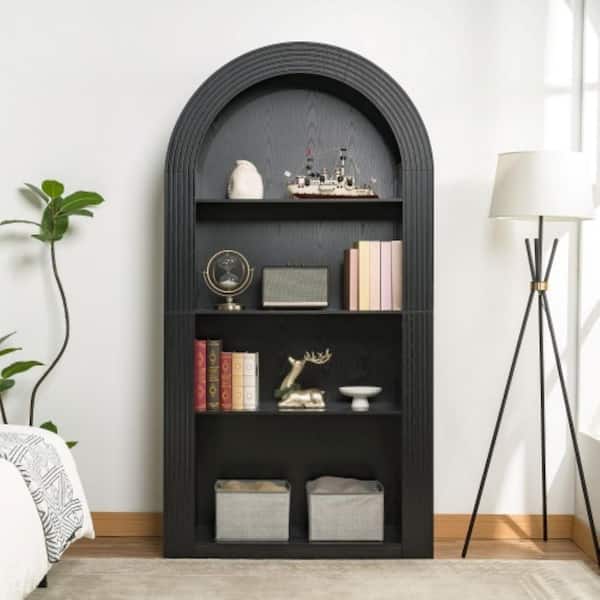Ashbel Mid-Century Modern 78.74 in. Tall Black Wood 4-Shelf Arched Accent Bookcase with Open Storage