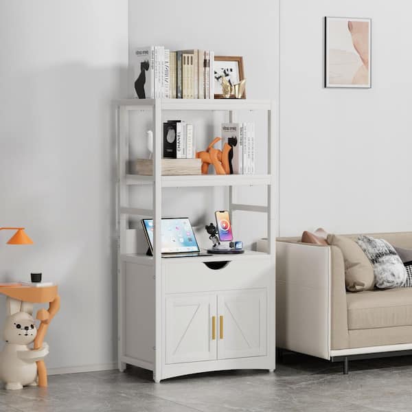Kitchen Pantry Cabinet White Size 1 MDF 23.62 in. Buffet with Charging Station, Microwave Stand with Drawer and Shelves