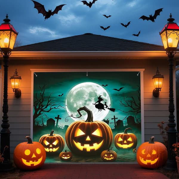 N/A Halloween Garage Door Banner w/Spooky Moon Night Design