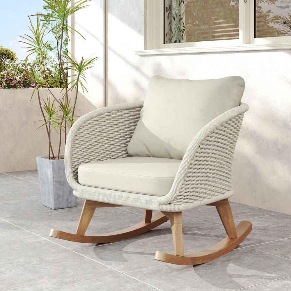 Wicker Outdoor Rocking Chair with Beige Cushion, Patio Rocker BRC-079A ...