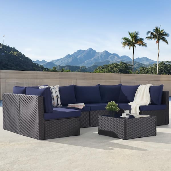 BFB 7-Piece Brown Wicker Patio Conversation Sofa Set - Outdoor Sectional Seating Set