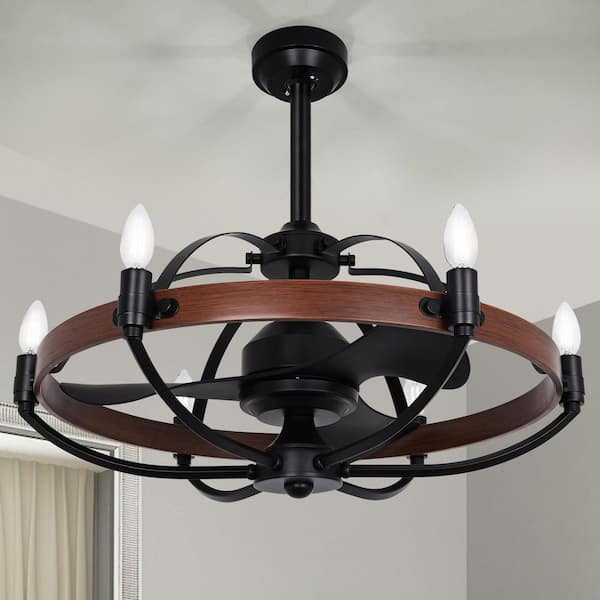 ARISKEEN 27 in. Indoor Walnut Smart Ceiling Fan with E12 Lights with Remote, Downrod Mount Farmhouse Chandelier, Fandelier