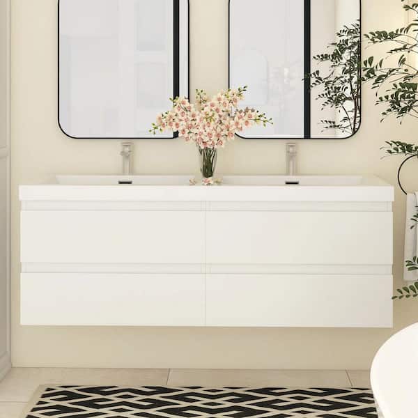 58.5 in. W x 19.5 in. D x 22.5 in. H Double Sink Wall-Mounted Bath Vanity in White with White Resin Top