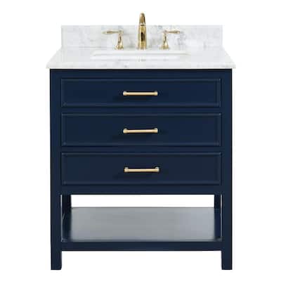Uptown 30 in.W x 22 in.D x34.75 in.H Bath Vanity in Navy Blue with Carrara Marble Vanity Top in White with White Basin