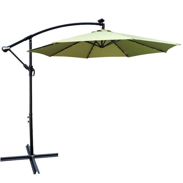 CoolSum 10 ft. Steel Solar LED Lighted Round Cantilever Umbrella in Lime Green with Crank and Cross Base, UV-Resistant