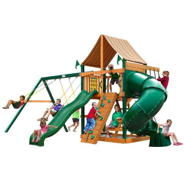 Gorilla Playsets Mountaineer with Timber Shield and Sunbrella Weston Ginger Canopy Cedar Swing Set