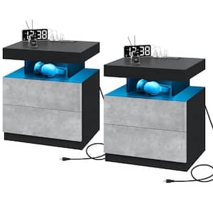Modern Gray/Black 2-Drawer 19.7 in. W x 22.83 in. H x 15.8 in. D Nightstand with Wireless Charger & LED Light (Set of 2)