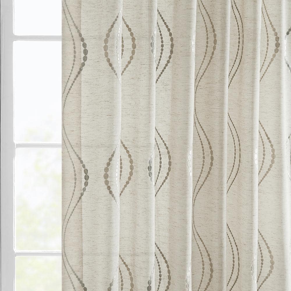 Suez Natural Embroidered Faux Linen Sheer Curtain Panel 50W x 84L