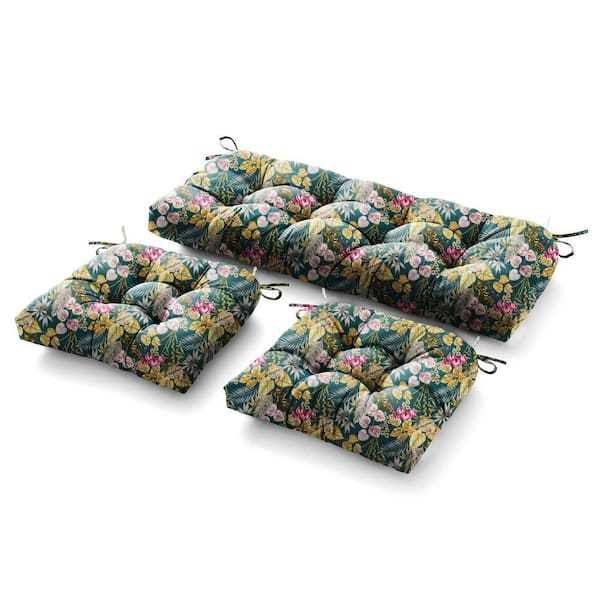 3 Piece Outdoor Loveseat Cushions Deep Seating 19 in. L x 44"W x 5"H For Patio Furniture Cushion With Tie, Green Floral