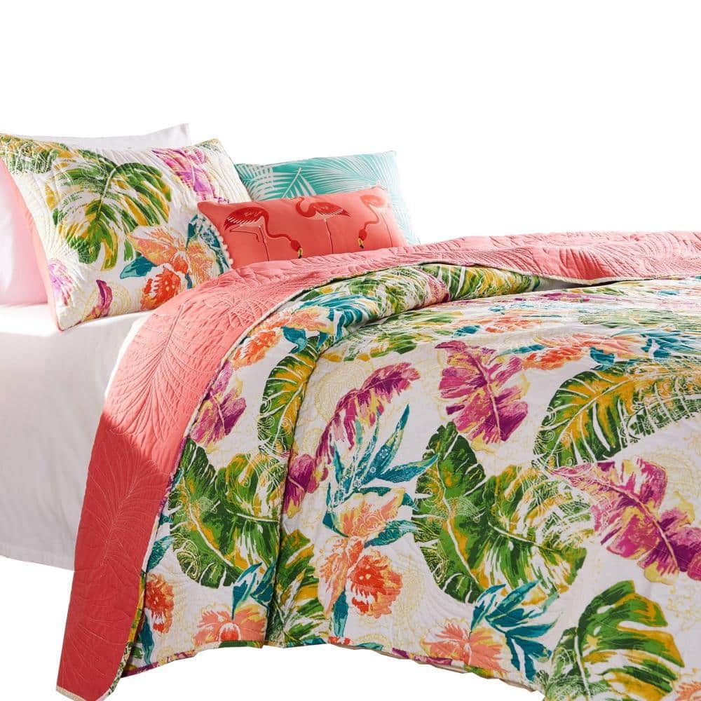 Tropical Leaf Print Reversible Twin Microfiber Quilt Set