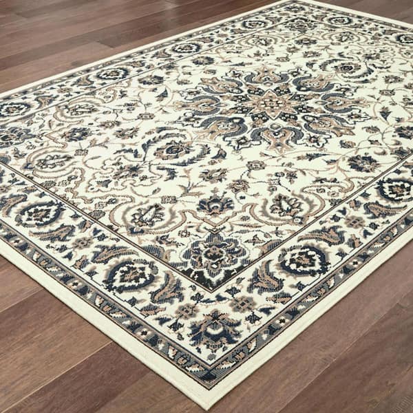 Ivory, Blue 2 ft. x 4 ft. Loomed Oriental Polypropylene Rectangle Indoor/Outdoor Area Rug