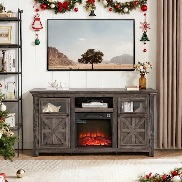60 in. Freestanding 18 in. Electric Fireplace Insert TV Stand with 2-Doors Cabinet in Gray