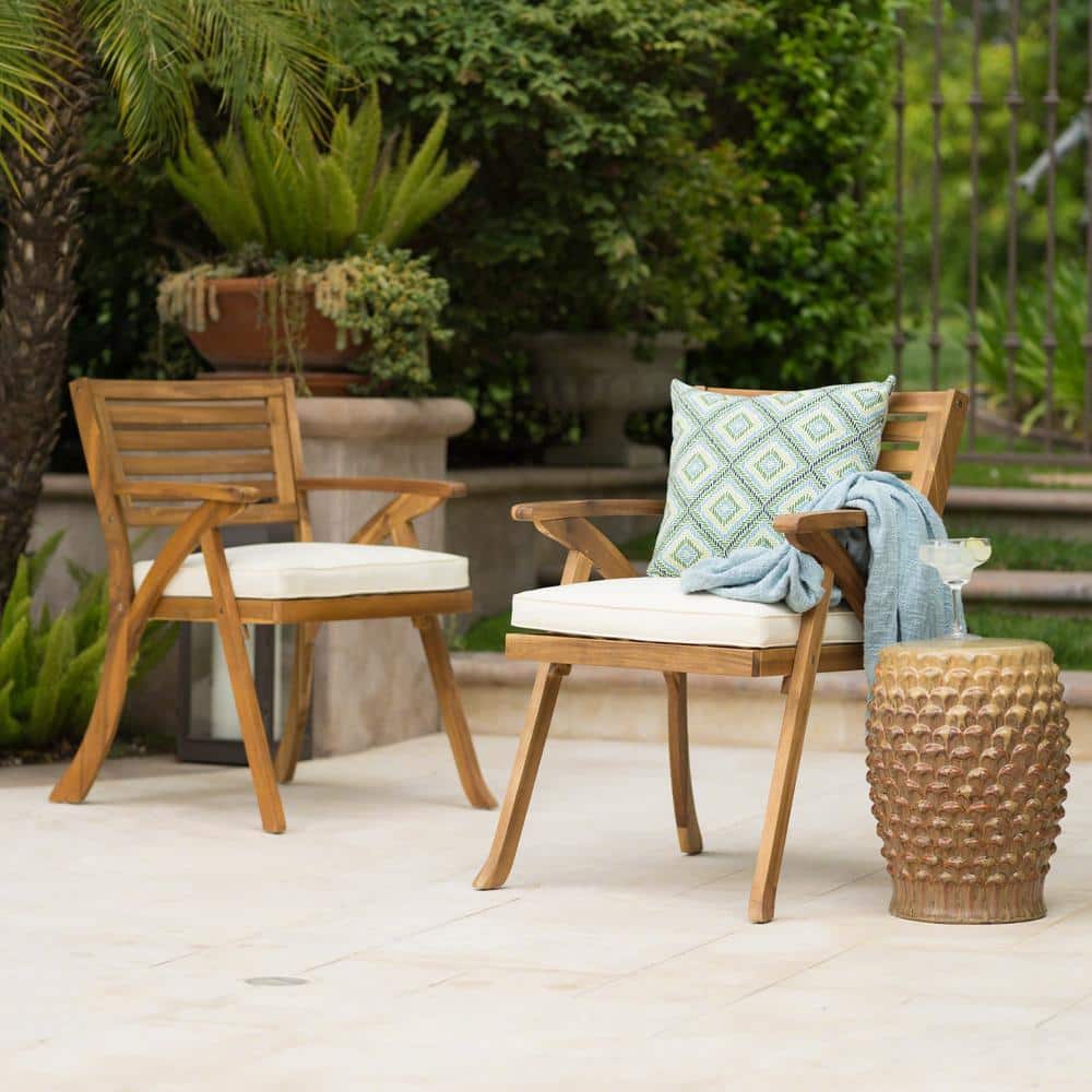 Acacia Wood Outdoor Dining Chairs, Teak Finish, with Water-Resistant Cream 