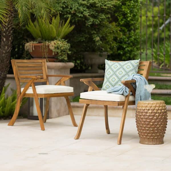 Unbranded Acacia Wood Outdoor Dining Chairs, Teak Finish, with Water-Resistant Cream Cushions for Balcony, Backyard (Set of 2)