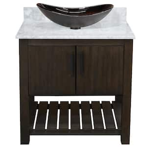 Ocean Breeze 31 in. x 22 in. W x 31 in. H 1-Black/Silver Sink MB Bath Vanity in Cafe Mocha with Carrara White Marble Top