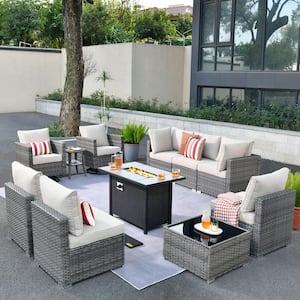 Sanibel Gray 11-Piece Wicker Patio Conversation Fire Pit Sectional Sofa Set with Swivel Chairs and Beige Cushions