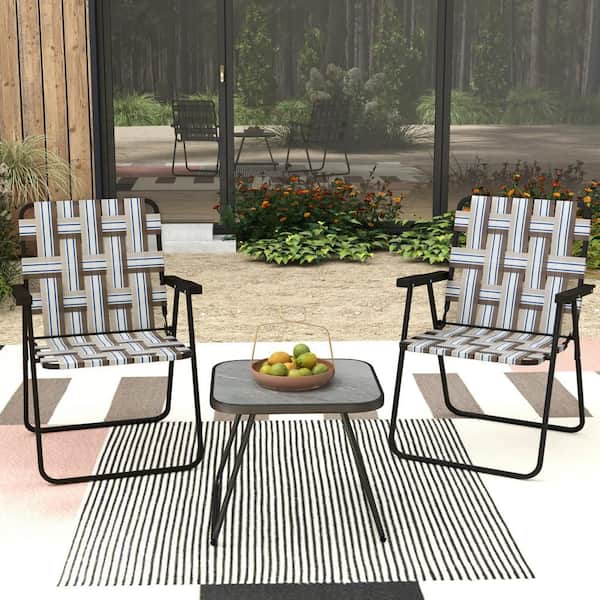 Brown Metal Webbed Lawn Chairs, Outdoor Patio Folding Beach Chairs w/ FLightweight Portable Web Camping Chairs(Set-2)