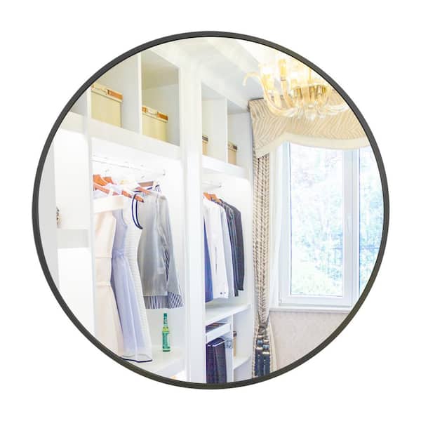 Tileon 24 in. W x 24 in. H Large Round Metal Framed Wall Mounted Bathroom Vanity Mirror Makeup Entryway Mirror in Black