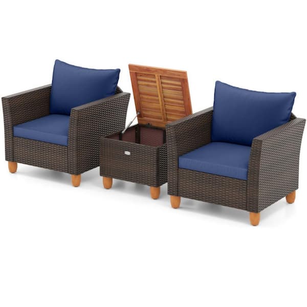 3-Piece Rattan Patio Conversation Set Bistro Furniture Set with Blue Cushions and Acacia Wood Table