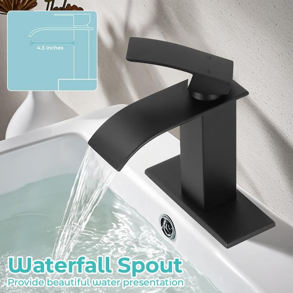 Waterfall Spout Single Handle Single Hole Bathroom Faucet with Deckplate and Pop-up Drain in Matte Black