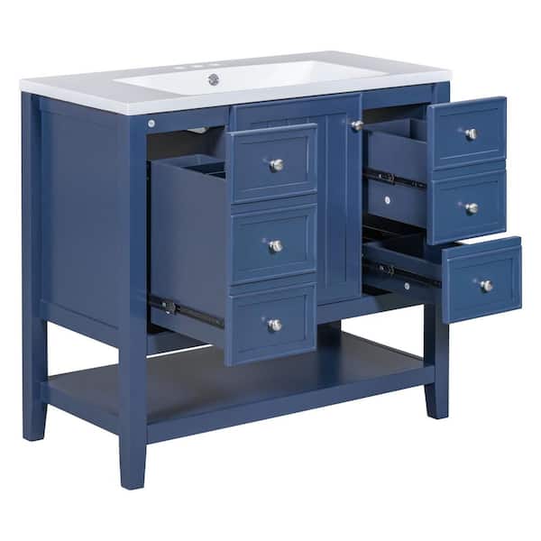 36 in. W x 18 in. D x 34.1 in. H Single Sink Freestanding Blue Bath Vanity with White Ceramic Top