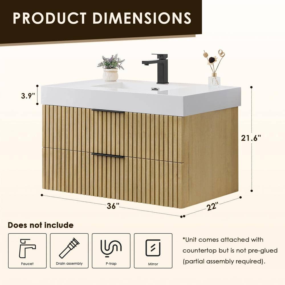 Livia 36" Nature Brown Fir Wood Wall-Mounted Vanity with White Sink