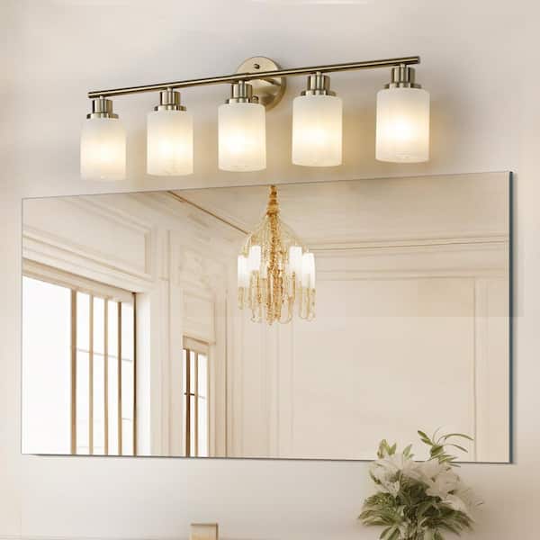 31.5 in. W 5-Light Golden Bathroom Vanity Light Fixture, Frosted Glass Shades, E26, No Bulbs Included