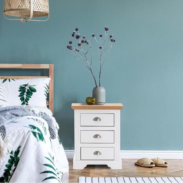 Herval Alaska White 3-Drawer Nightstand in a Solid Pine Wood with a Pine Wood Top