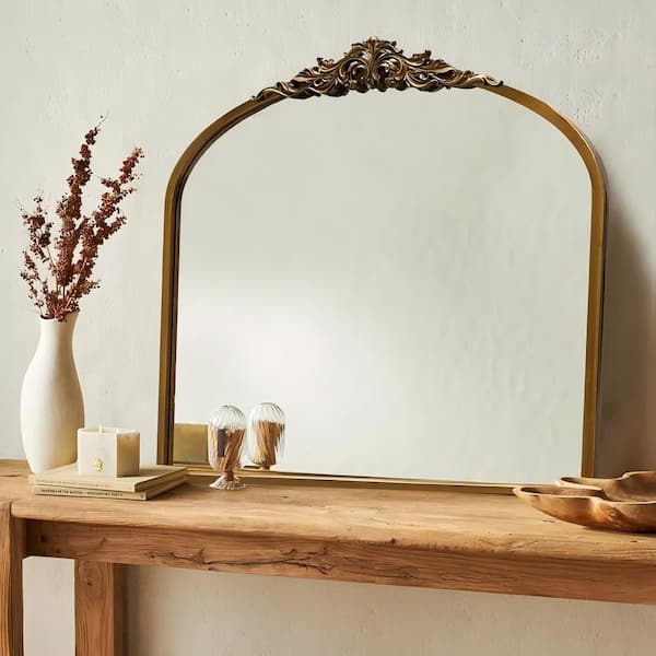 LuxHomez 29.3 in. W x 35.5 in. H Traditional Arch Antique Gold Metal Frame Decorative Mirror