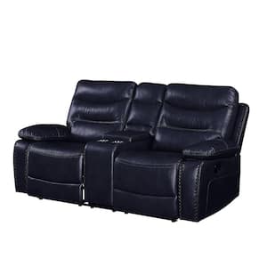77.75 in. Blue Solid Leather 2-Seater Motion Loveseat with Tufted Seat