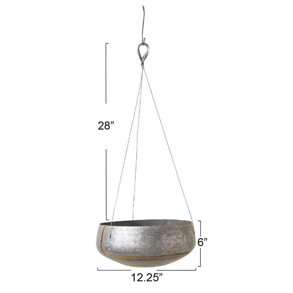 Round Galvanized Metal Hanging Planter with Gold Accents