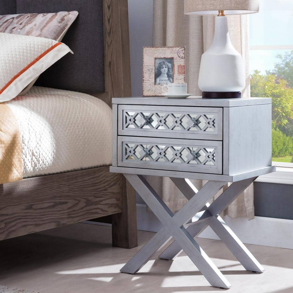 Leick Home Mirrored Diamond Filigree X Base Nightstand/Table with 2-Drawers