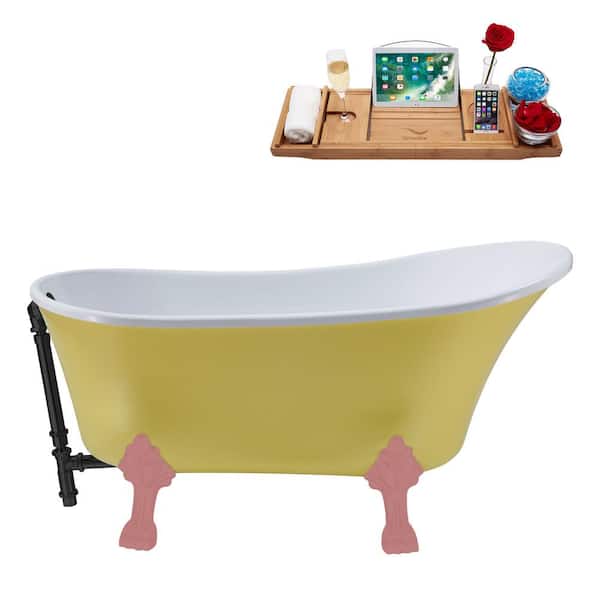 Streamline 55 in. x 26.8 in. Acrylic Clawfoot Soaking Bathtub in Matte Yellow with Matte Pink Clawfeet and Matte Black Drain