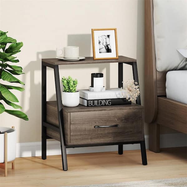 1-Piece Gray 1-Drawer Nightstand with Drawer Farmhouse 3-Tier Bedside Table with Open Shelf End Table