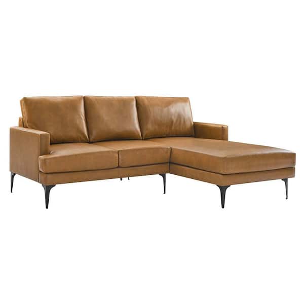 MODWAY Evermore 80.5 in. W Square Arm 1-Piece Right-Facing Faux Leather Rectangle Sectional Sofa in Tan Brown