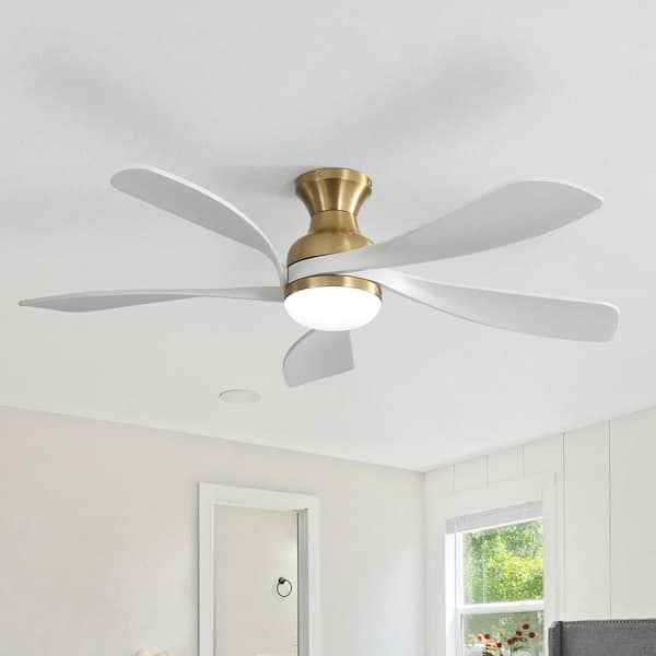 52 in. Indoor Flush Mount Smart Gold LED Ceiling Fan with 5-Reversible Wood Blades and 6-Speed DC Remote and APP Control