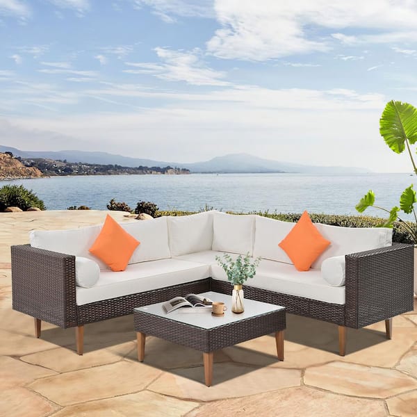 Zeus & Ruta 4-Piece Brown Wicker Sofa Set, Patio Conversation Furniture Set with Colorful Pillows, Beige Cushions, L-shape Sofa Set