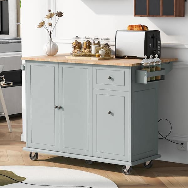 grossag Gray Blue Wood 53.9 in. Large Kitchen Island with 3 Tier Pull Out Cabinet Organizer and Spice Rack, Towel Rack