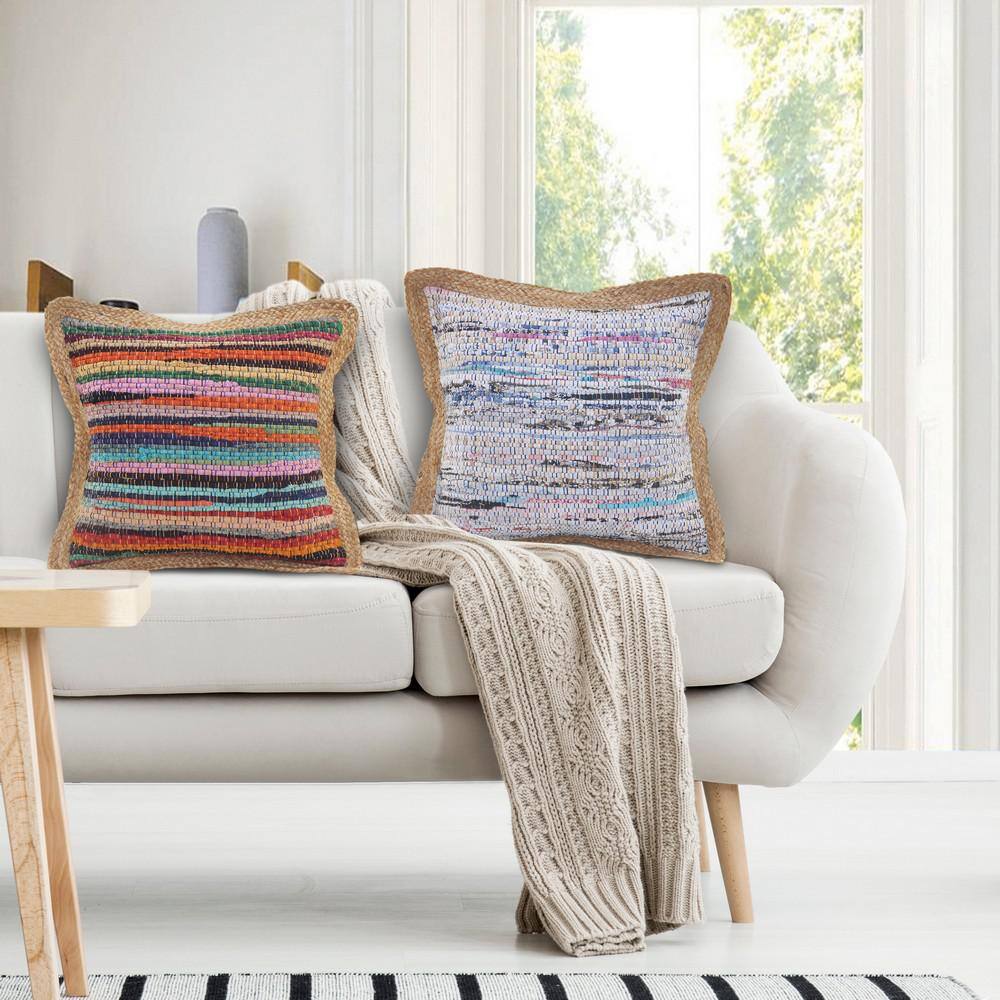 Multicolor Chindi Cotton and Jute Border 20" Square Throw Pillow