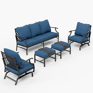 Black 5-Piece Metal Meshed 7-Seat Outdoor Patio Conversation Set with Peacock Blue Cushions 2 Motion Chairs 2 Ottomans