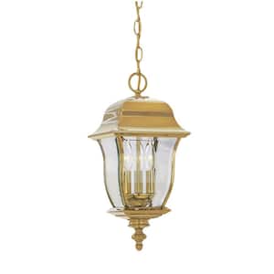 Gladiator 21 in. Polished Brass 3-Light Outdoor Hanging Lamp with Clear Glass Shade