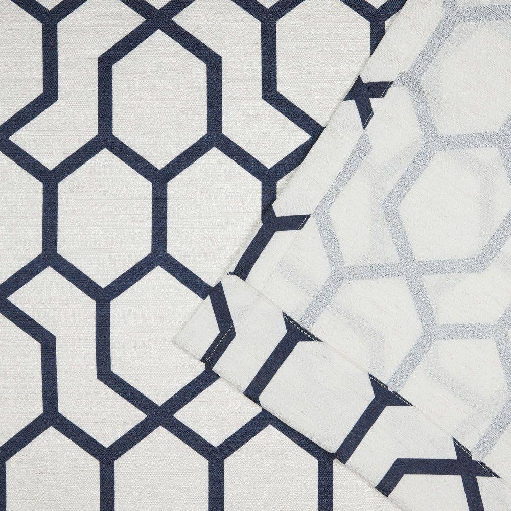 Indigo Blue Geometric Print Linen Blend Rod Pocket Drapes, 54" x 84"