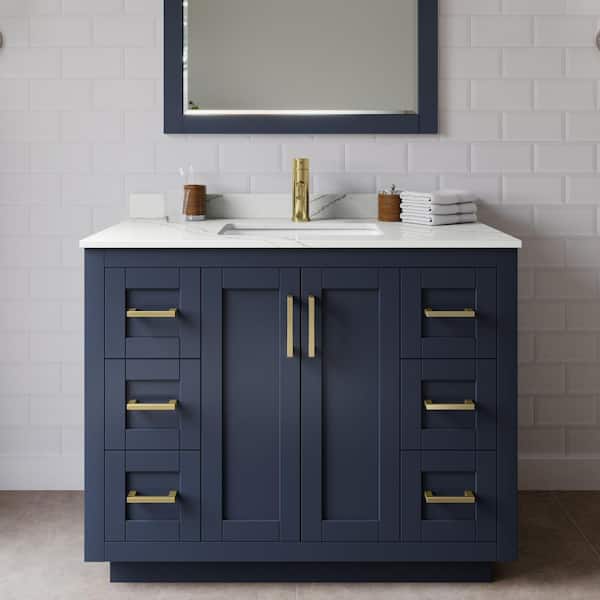 Wyndham Collection Miranda 42 in. W x 22 in. D x 33.75 in. H Single Bath Vanity in Dark Blue with Giotto Quartz Top